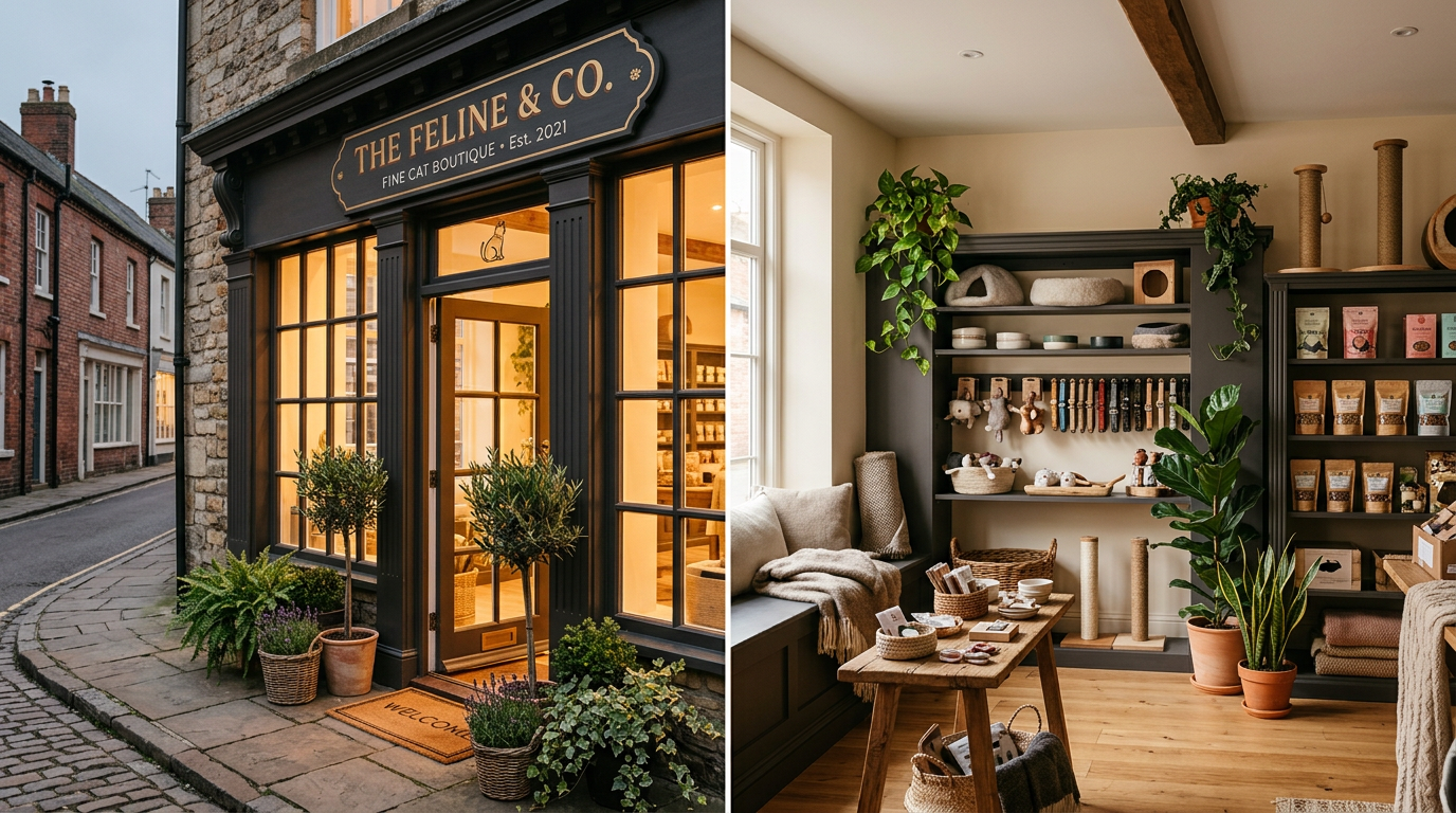 Warm inviting cat boutique interior with soft lighting and cozy product displays