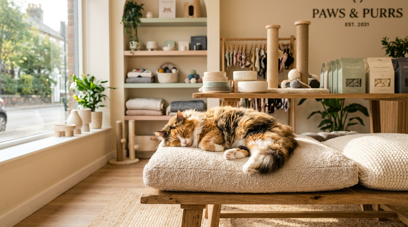 A relaxed cat resting on a warm cream cushion in a sunlit boutique-style room
