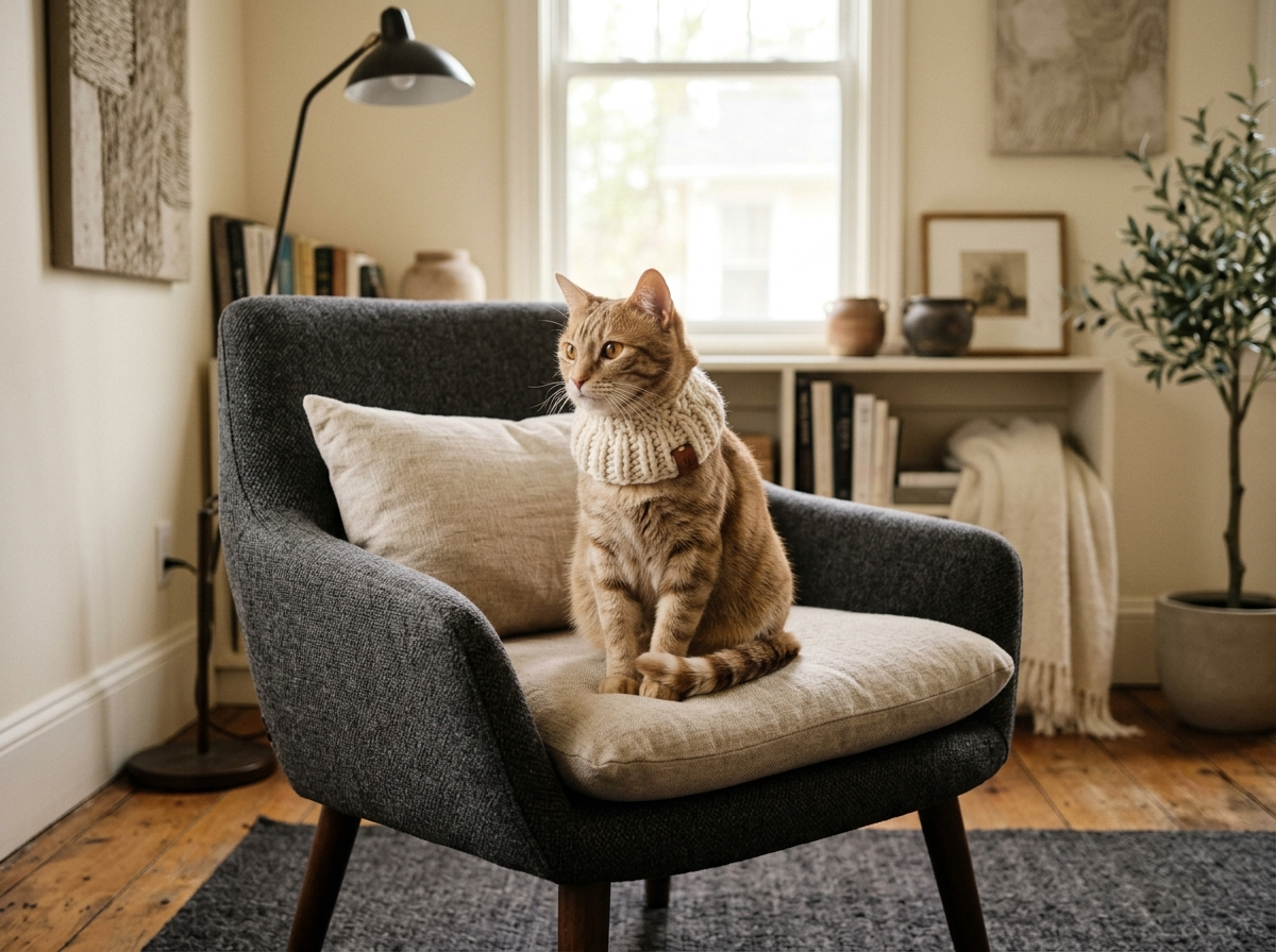 A cat wearing a cozy collar sitting on a stylish chair in a modern room