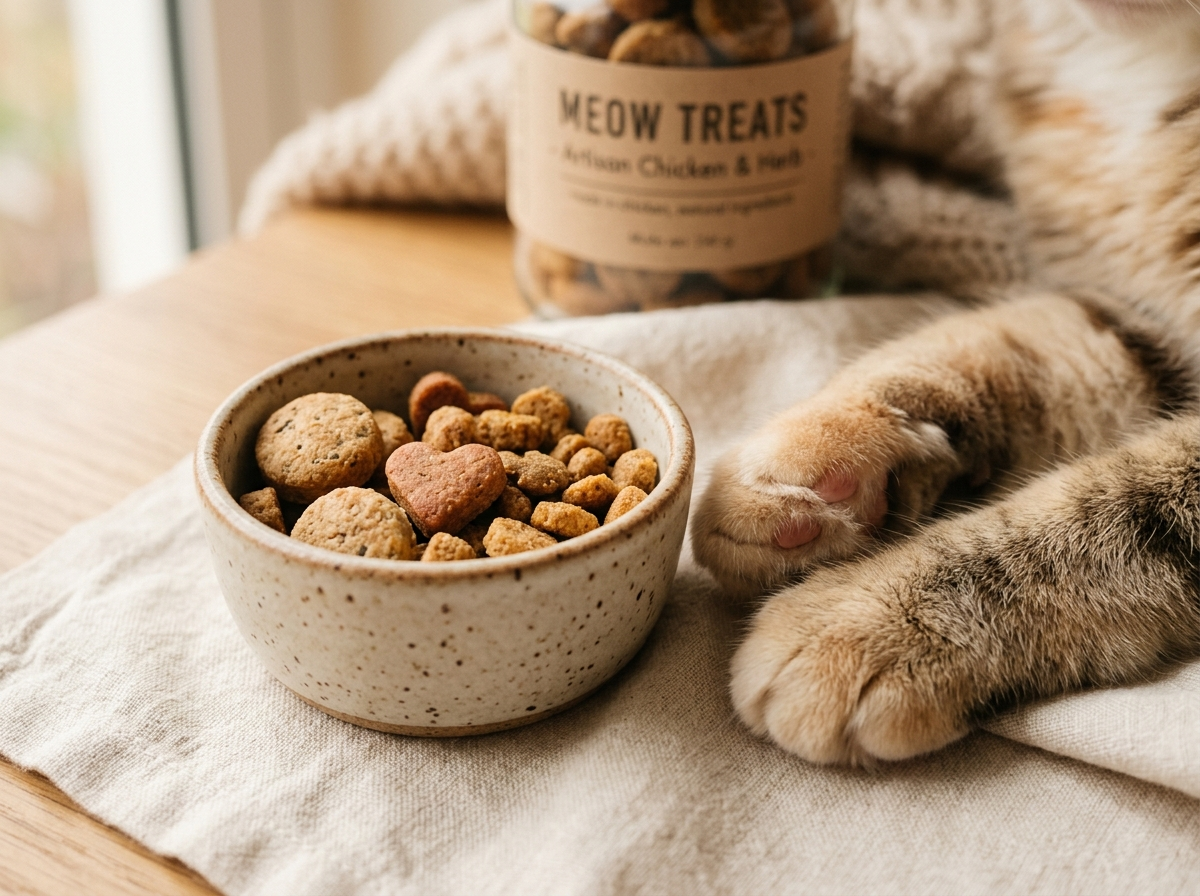 Close up of quality cat treats in a ceramic bowl with a cat paw nearby